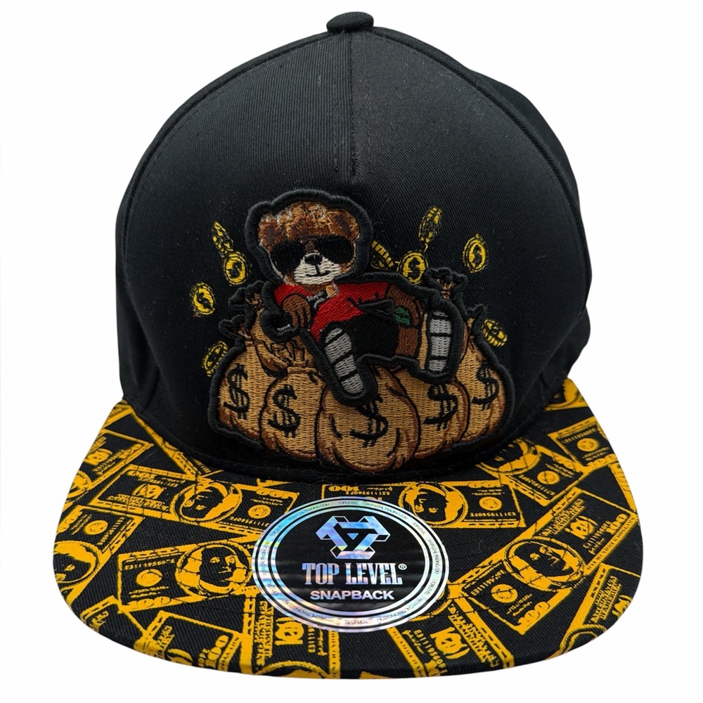 Top‎ Level Hustle Money Bear SnapBack Hat Black Gold